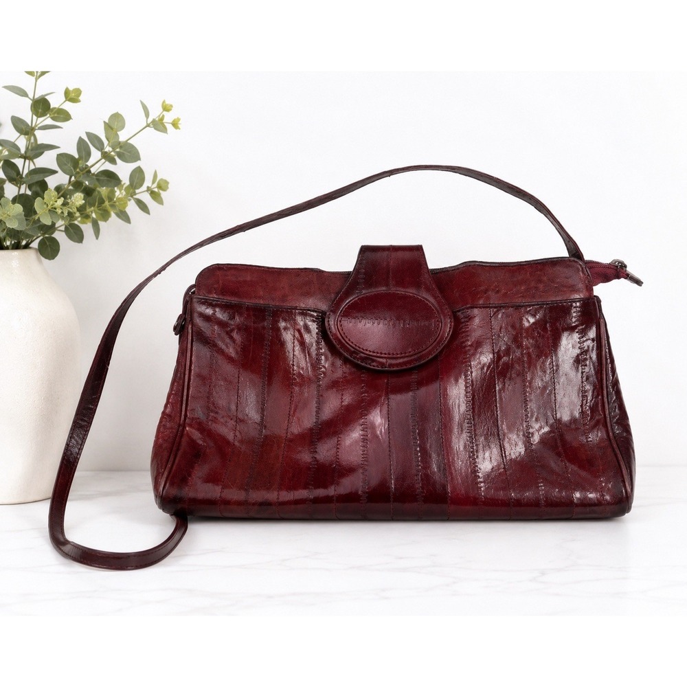 Vintage Genuine Eel Skin Burgundy Oxblood Shoulder Bag Clutch Purse Leather